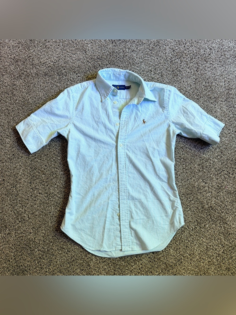 Polo Ralph Lauren blue and white striped cotton oxford short-sleeve shirt. - Picture 2 of 7
